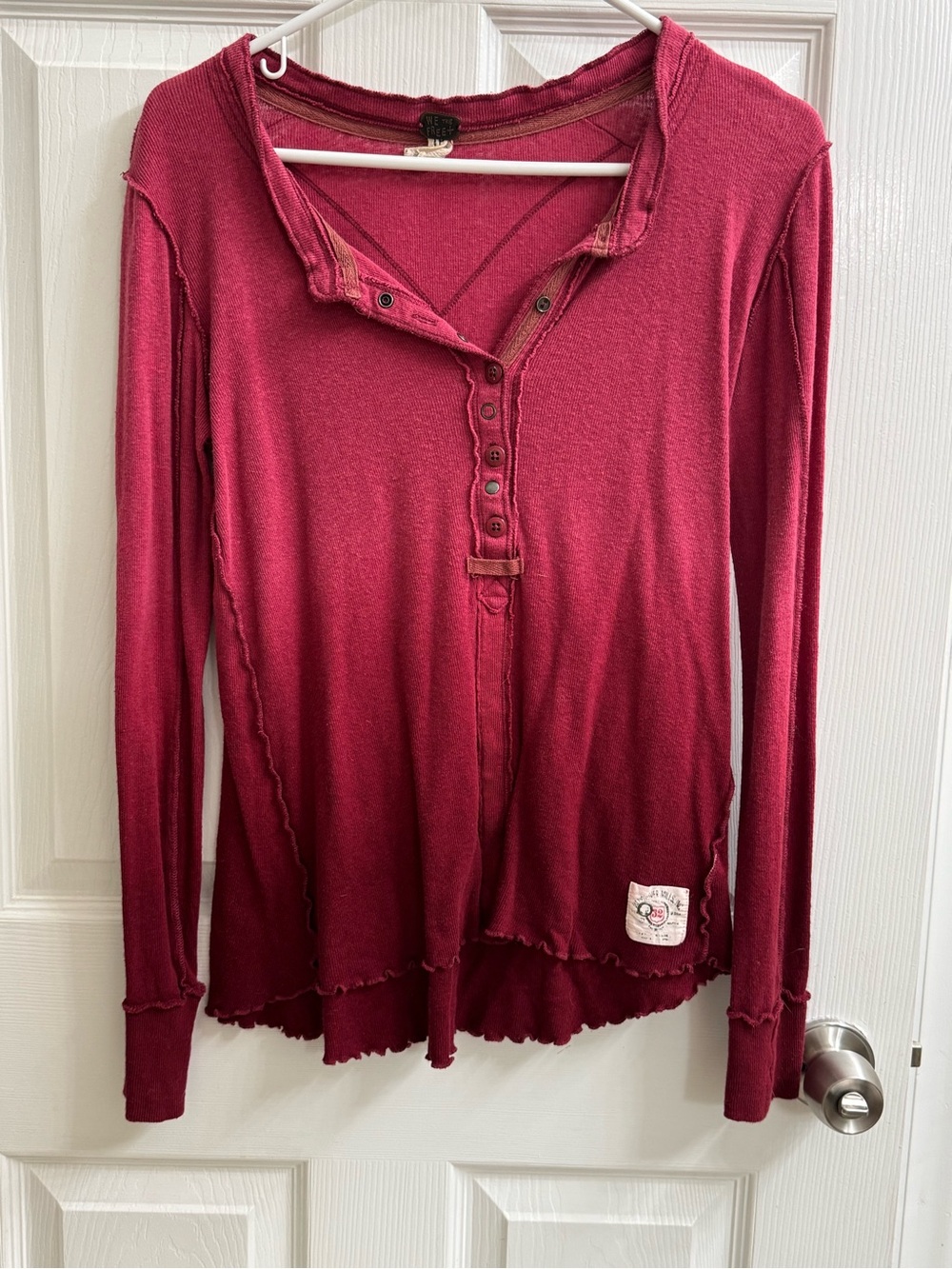 We The Free Henley in burgundy long sleeve top with button up detail RUN BIG